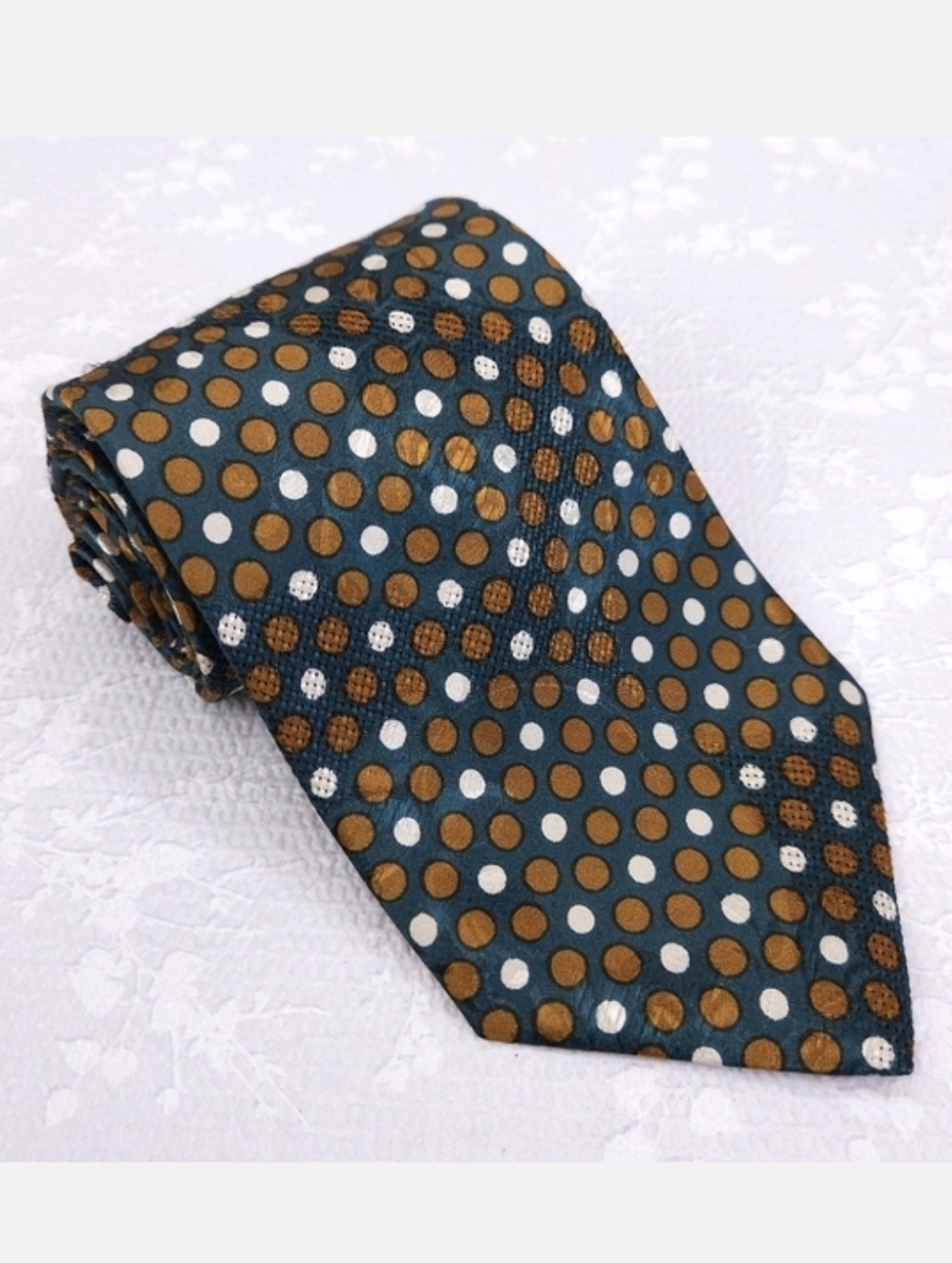 Hugo Boss Silk Tie ITALY Green White Brown Dots 59" x 3.75"